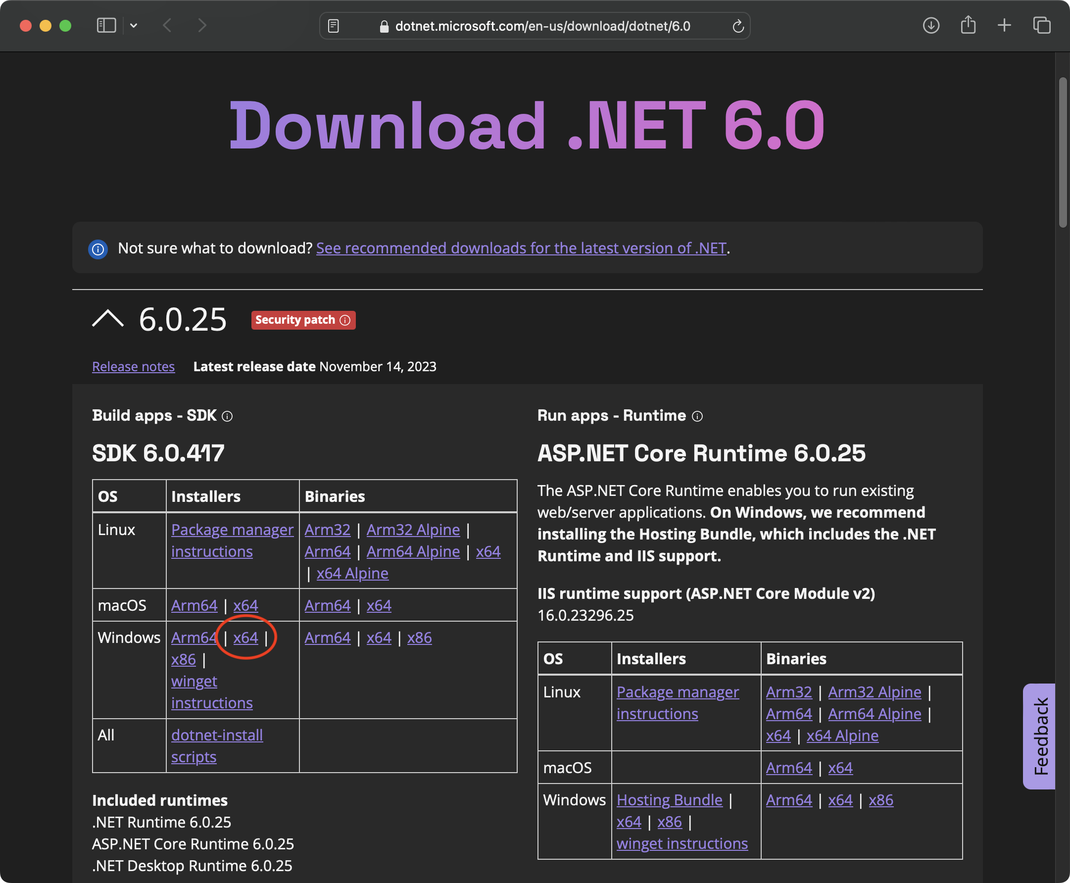 Screenshot of .NET installation window